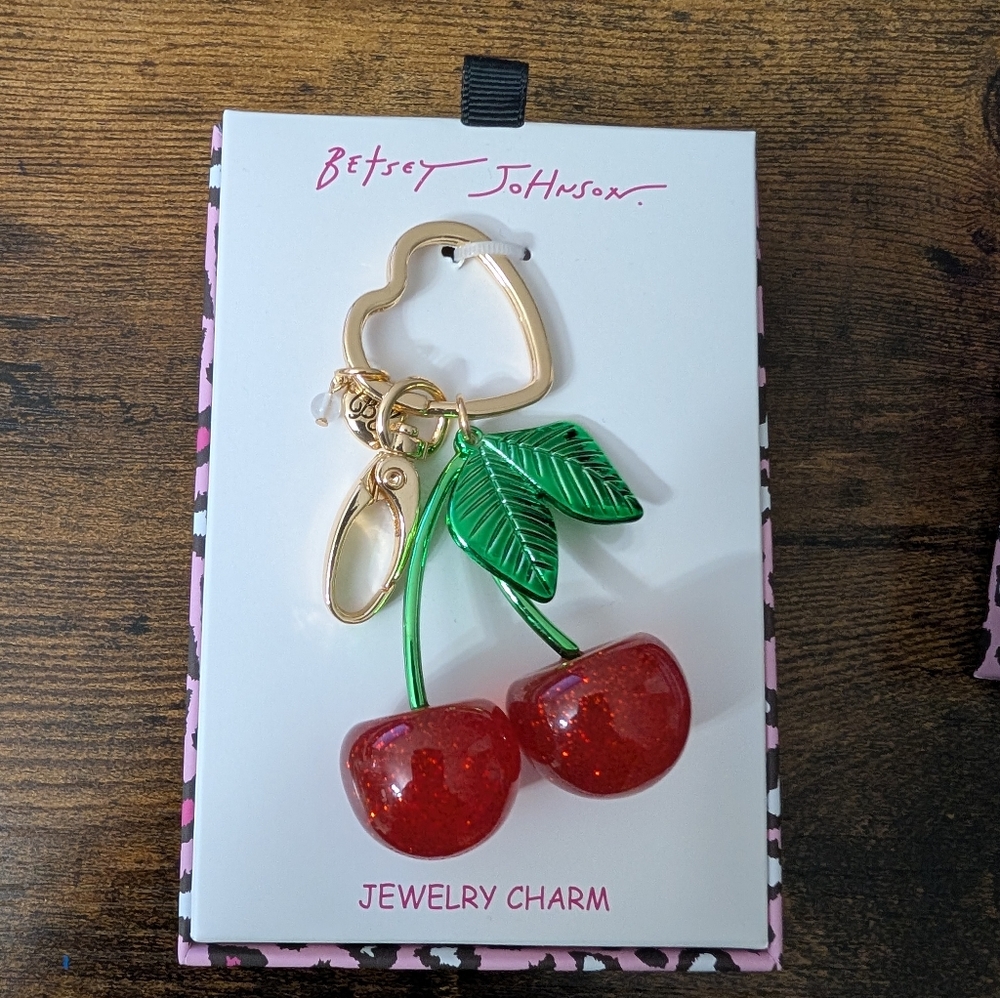 Betsey Johnson Glitter Cherry Brooch with Green Leaves